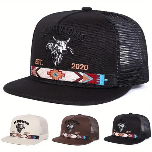 Unisex Letter Bull Head Embroidered Hip Hop Hat Mesh Hat Outdoor Sport Adjustable Sunscreen Leisure Hat Spring Autumn Travel Tourism Beach Vacation
