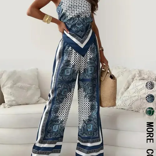 Two-piece Set Women's All Over Print Fitted Spaghetti Strap Cami Top & Wide Leg Pants, Boho Sleeveless Top & Pants for Beach Vacation Holiday, Ladies Summer Clothes, Matching Clothing Set, Summer Outfit Set, Womenswear