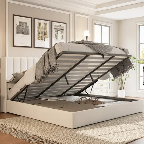 AMERLIFE Lift Up Storage Bed Frame, Linen Upholstered Platform Bed with Vertical Channel Tufted Headboard and Wingback, Hydraulic System, No Box Spring Needed, Wood Slats Support/Best Gift Ideas/Christmas Gifts[tiktokshopbacktoschool][SohoChic]