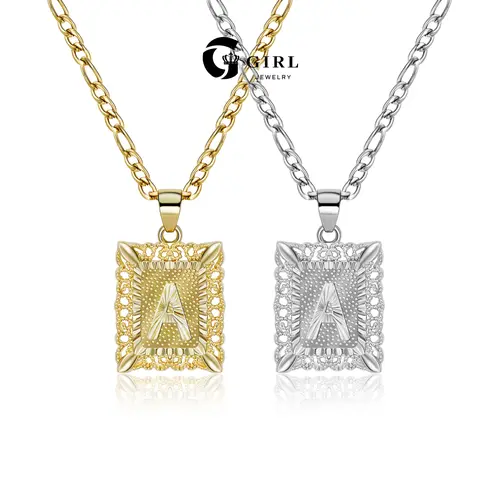 GGIRL 18K Gold Plated Unisex Square Capital Initial Pendant Necklace, A-Z Monogram Figaro Chain Jewelry Accessories, Fashion Jewelry Gifts for Boyfriend Daily Summer Beach Parties Holiday Christmas Birthday Anniversary Back to School Various  Occasions
