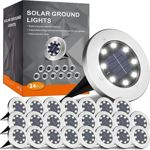 Solar Ground Lights (4/8/12/24-Pcs 8-LED Solar Garden Lights Set), Auto Night Mode, Steel Shell, Waterproof Outdoor In-Ground Pathway Fixtures for Yard/Driveway, Warm or White Glow, 8/12/24 Light Set