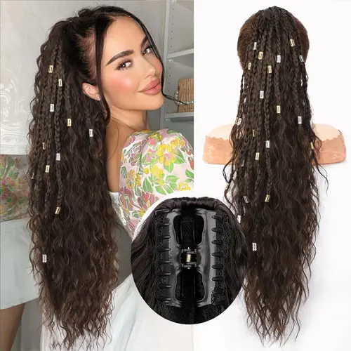 Women's 30-Inch Softtouch Braided Curly Clip-In Synthetic Hair Extension - High-Elastic Claw Grip, Fluffy Natural Look for Ponytail & Braids Hairstyles, Clip Hair Extensions Accessory