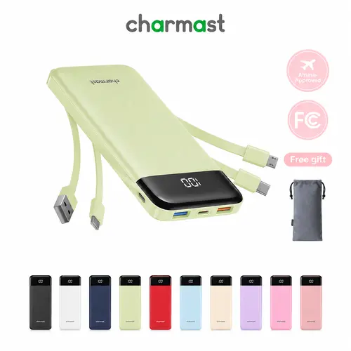 Charmast Ultra-Slim 10000mAh Portable Charger with Built-in Cables 6-Output & 3-Input Fast Charging External Battery Pack Power Bank for Smartphones Tablets USB-C Devices Travel Ready Airline Approved