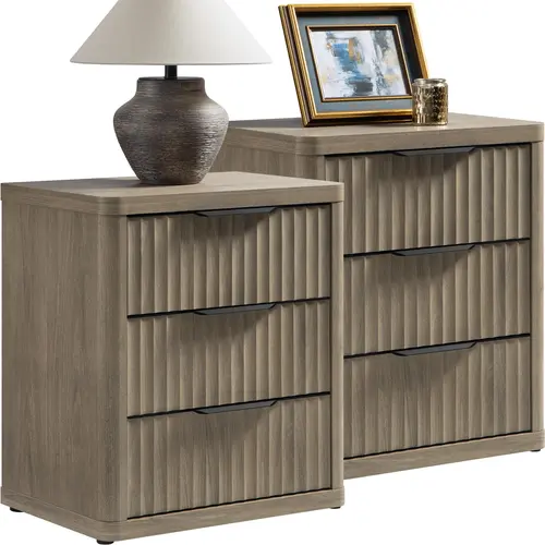 SICOTAS Set of 2 Mid-Century Modern Rectangle Engineered Wood Pedestal Bedside Table Cabinets (25.6" Tall Height) - Fluted Panels, Large 3-Drawers, Contemporary End Table, Simple Setup, Minimal Chic Look for Modern Bedroom Organization
