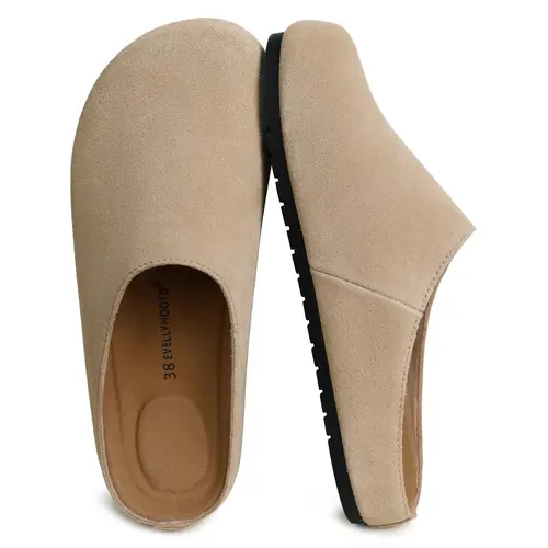EVELLYHOOTD Women's French Style Genuine Suede barefoot Slip on Round Toe Cork Footbed Clogs Fashion Suede Potato Shoes Outdoor Vintage Comfort Walking Shoes Slippers Classic Footwear,shoes for back to school,back to school shoes