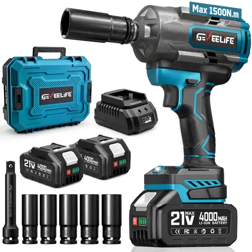 GEVEELIFE Impact Wrench 1500N.m(1106Ft-lbs) Brushless, 1/2 High Torque Impact Gun with 2x4.0Ah Batteries, Cordless Impact Wrench, 4 Variable Speeds, 3500RPM Impact Driver for Car/Heavy Truck/Pickup