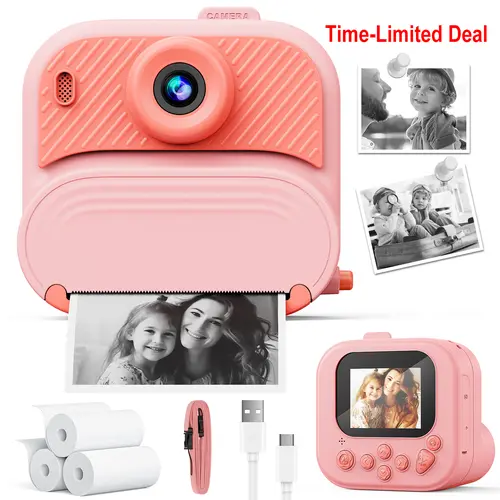 Portable Instant Print Kids Camera, 48MP 1080P HD Digital Camera with 2.4-Inch Screen & Printer Paper, Toy Birthday Gift for 3-12 Year Old Girls