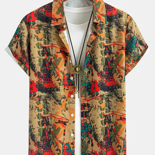 Men's Ethnic Pattern  Print Casual Printed Short Sleeve Shirt, Regular Fit Casual Comfy Button Front Collared Top for Summer, Men's Clothes for Beach Vacation, Casual Style Shirt