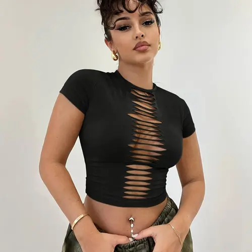 Women's Crewneck black Crop top, Casual cropped tee, hollowed out, Y2K style, American retro, Streetwear, casual short sleeved slim fit semi transparent T-shirt, spicy girl top, suitable for spring, summer, autumn, parties, nightclubs, daily outings