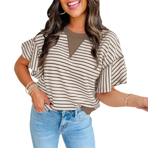 Mntaor Short Sleeve T-Shirts for Women Parchment Contrast Detail Striped Ruffle Top with Comfort and Style - Womenswear