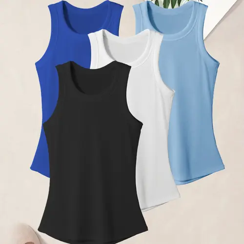 Women's Solid Ribbed Sports Tank Top, Breathable Sleeveless Tight Sport Vests Gym Tops for Yoga Gym Workout, Ladies Sportswear for All Seasons, Sleeveless Activewear