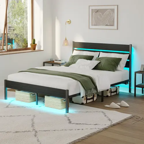 CollaredEagle Modern Full Size Heavy-Duty Steel Platform Bed Frame, Sturdy Metal Frame with Wooden Headboard, USB Ports, 2 AC Outlets Charging Station, LED Lights & Under-Bed Storage, Noise-Free, No Box Spring Needed