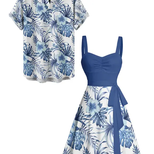 2026 Couple Set Women's Tropical Flower Leaf Print Belted Mini Vacation Dress And Men's Short Sleeve Shirt Matching Outfit