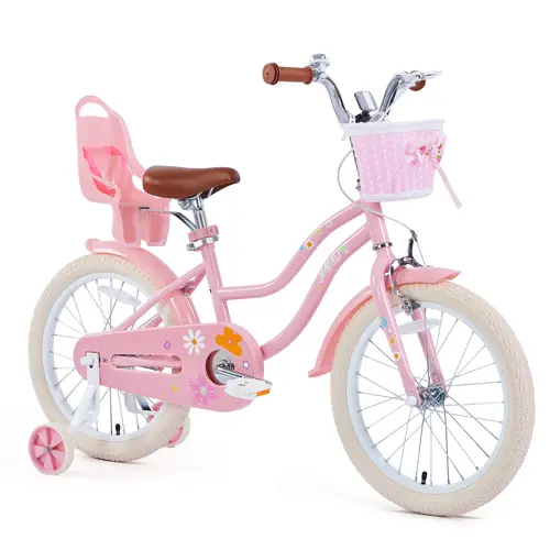 JMMD Durable Girls' Bike for 4-12 Years (12-24in) - Steel Frame, Adjustable Parts, Training Wheels, Hand Brake, Coaster Brake, Kickstand Parking, Basket, Doll Seat, Fully Enclosed Chain Guard, Multiple Colors for Kids' Riding