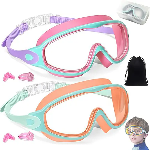 MARISUN 2 Pack Kids Swim Goggles for 3-15+ UV Protection Anti-Fog High Definition Waterproof Adjustable Goggles for Boys and Girls - Safety anti-uv swimming goggles swim glass anti-fog with Earplugs & Nose Clip,for Lake,Beach, Summer Party