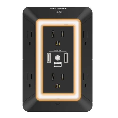 Summerwins 3-Side Wall Outlet Extender Socket Adapter with Night Light, 6 AC & 3-Port 3.4A Fast Charge USB Power Outlet (1 USB-C), 3D Design, ETL Listed, Flame Resistant