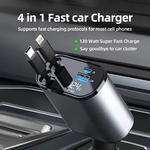 Joytutus 120W Retractable 4-in-1 Aluminum Car Charging Cable & 4-Port Adapter, 12V - 24V Fast Charge Vehicle Accessory, USB-C Compatible for iPhone Galaxy Pixel Laptops Headphones, Clutter-Reducing Car Plug
