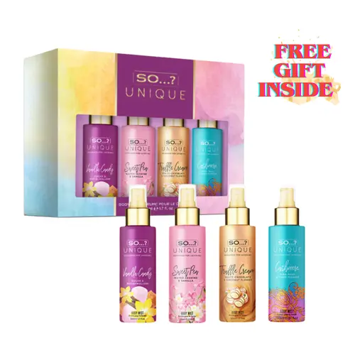 SO...? Unique 4PCS Body Mist Set - Vegan Cruelty-Free Perfumes for Women - Vanilla Candy, Sweet Pea, Truffle Cream, Cashmere - 650 to 1000 Sprays - Long Lasting Eau de Parfum Gift Set Long-Lasting Women's Floral-Fruity Perfume Set
