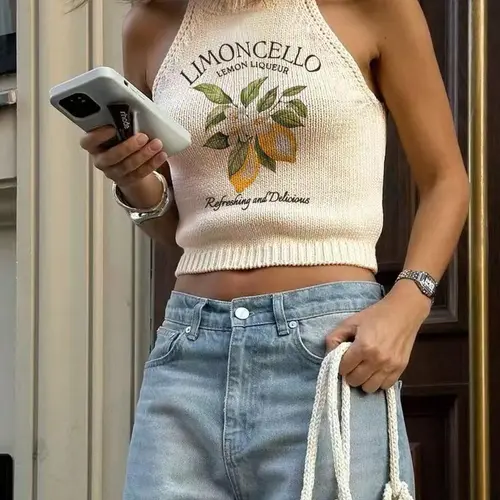 Women's Lemon Print Round Neck Crop Sweater Vest, Casual Sleeveless Knit Tank Top Crop Tops for Summer, Fashion Women's Knitwear for Daily Wear