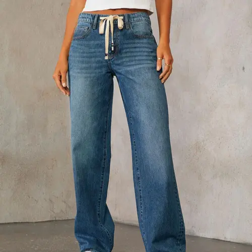 Women's Plain Drawstring Waist Jeans, Casual Design Jeans, Casual Fashion Denim Pants for Daily Wear, Ladies Bottoms for Spring & Fall, Casual Denim Trousers, Denim Clothing