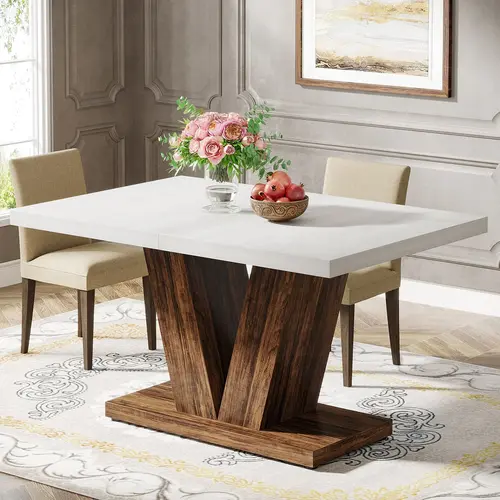 Spaco Round Dining Table - 1.57" Thick Top, 250lb Capacity, Heavy Duty Stable V-Base Pedestal, Farmhouse Wooden Table for 4–6 Seat Space, Small Spaces Kitchen & Dining Room
