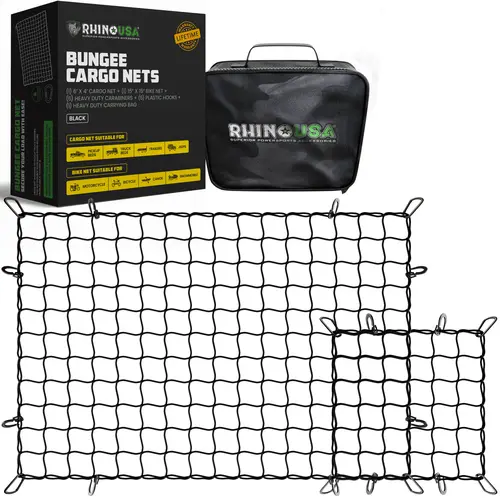 Rhino USA Bungee Cargo Net Set - Ultimate Cargo Accessory Includes Carry Case, Carabiners, 4' x 6’ Net, 15" x 15" Mini-Net - Black