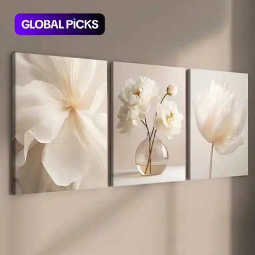 Flower Pattern Canvas Wall Art Set, 3-Count Wooden-Framed Floral Paintings, Modern Minimalist Print, Art Canvas Prints for Home, Living Room, Bedroom & Office Decor #GLOBAL PICKS