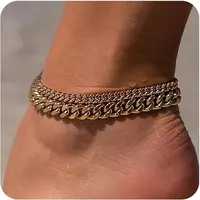 Loyalove 14K Gold Plated Ankle Bracelets For Women Waterproof Chunky Cuban Link Chain Ankle Bracelet Trendy Large Layer Anklet Set Jewelry Gift Versatile Accessory Jewellery Hypoallergenic Gold Plated