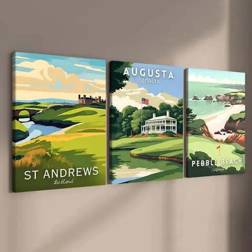 Golf Course Pattern Wooden Framed Canvas Painting Art Print, 3 Counts/set Modern Art Design Fashion Decoration Items, Wall Decor Pictures Wall Art for Home Living Room Bedroom Office