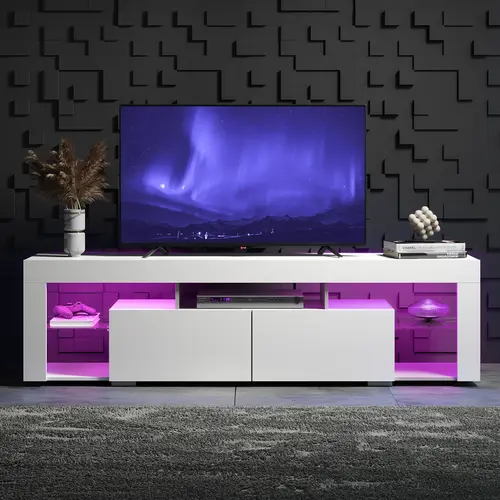 WLIVE TV Stand for 65 to 70 Inch TV, Modern Entertainment Center with LED Lights & 2 Large Storage Drawers, Wood TV Console for Living Room, Bedroom