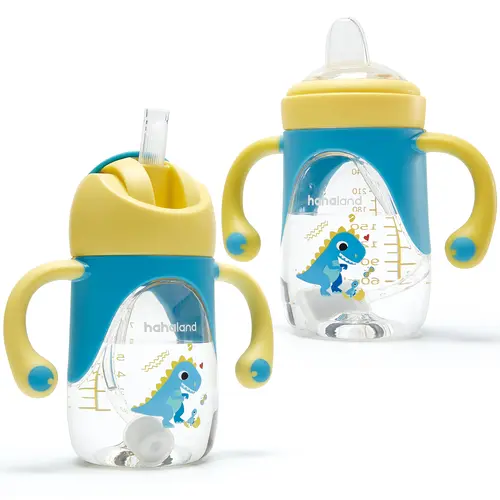 hahaland 2-in-1 Leakproof Sippy Cup - 6+ Month Old Toddlers, Spout & Weighted Straw, Mess Free Cartoon Baby Bottles & Accessories, Transition Feeding Cup with 2 Nipples