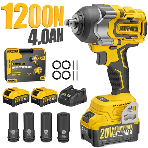 Alloyman Cordless Impact Wrench, 900Ft-lbs -1200N.m 1/2 High Torque Brushless Impact Gun, 20V Power Impact Driver, 2 × 4.0Ah Battery, 4 Sockets, Brushless Motor Variable Speeds for Car/Truck RV/Mower