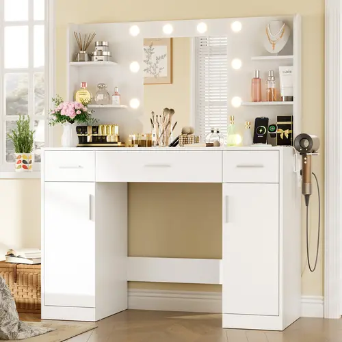 Sweetcrispy White Makeup Vanity Set, LED Vanity Desk with Adjustable Illuminated LED Desk Mirror & Power Outlet, Bedroom Storage Stool, 3 Drawers, 4 Storage Shelves