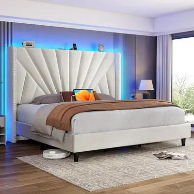 Solid Wood Queen/King Size Bed Frame with 51" Velvet Upholstered Headboard, up to 900 LBS Foundation with All Sturdy Metal Support,Headboard with Charging Station and LED Lights, Wingback Headboard, No Box Spring Needed, Noise-Free,Easy Assembly