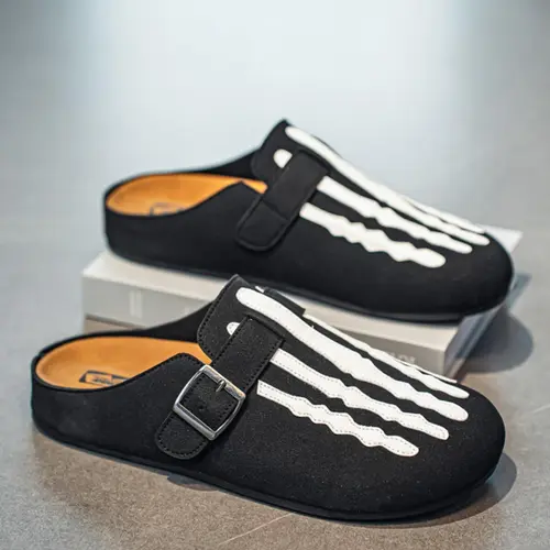 Men's All-Season Backless Mule Slippers, One-Piece Soft Rubber Sandals, PU Leather Upper, Casual Home Clogs, Medium Width