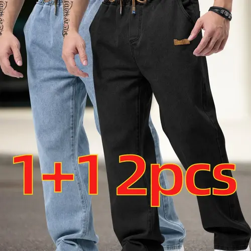 Men's Drawstring Elastic Waist Washed Straight Leg Denim Jeans Basic Jean, & Blue, 2 Piece Set, Casual Daily Wear, All Seasons