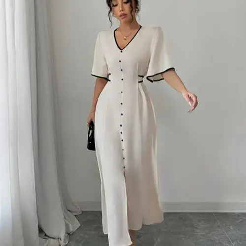 Women's Contrast Binding V Neck Lady Dress, Chic Elegant Dress, Elegant Minimalist Basic Fashion Casual Dress for Daily Outdoor Wear, Summer Clothes Women Gowns Womenswear