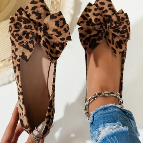 Women's Fashion Leopard Print Bowknot Design Casual Trendy Flat Shoes, Casual Comfortable Slip on Shoes for Daily Wear, Female All-match Pointed Toe Shoes for Daily Wear, Girl, Bowknot Design Flats, Versatile Fashion Shoes, Flat Sole Shoes