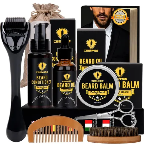 Men's Beard Grooming Kit - Nourishing Complete Care Set with Oil, Balm, Conditioner, Derma Roller, Boar Bristle Brush, Wood Comb, Trimming Scissors | Facial Hair Growth, Everyday Use | Fathersdaygift, Gifts for Boyfriend, Mens Gifts