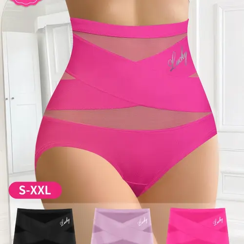 3-Pack MEIYATING High-Waist Women's Underwear, Waist Cinching Breathable Mesh, Seamless Ice Silk Triangle Panties, Shaper Panties, Shapewear Butt Lifter