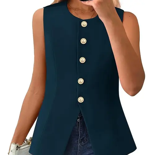 BTFBM Summer Sleeveless Blazer Vest For Women Dressy Button Down Round Neck Business Casual Outfits Work Vests Tops