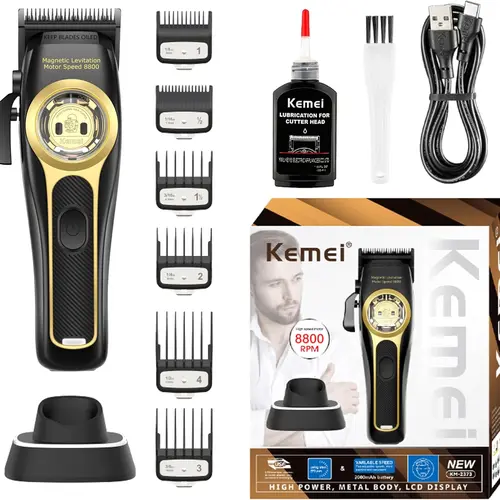 KEMEI 2373 Professional Barber Shears for Men, Cordless Barber Shears with 8800 RPM Magnetic Levitation Motor, Adjustable Barber Kit, with Charging Base Rechargeable Hair Clipper Wireless Hair Trimmer    Smooth