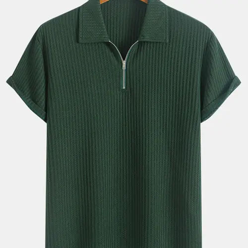 Men's Fashionable Solid Ribbed Short Sleeve Knitted Polo Shirt, Regular Fit Casual Breathable Comfy Top, Menswear Summer Clothes for Daily Wear