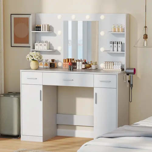Sweetcrispy White Makeup Vanity - Bedroom Dressing Table Furniture Vanity Table with Adjustable LED-Backlit Mirror, 3 Drawers, 4 Shelves, Electrical Outlet, Decorative Features & Beauty Storage Solutions, Make Up Vanity, Dresser