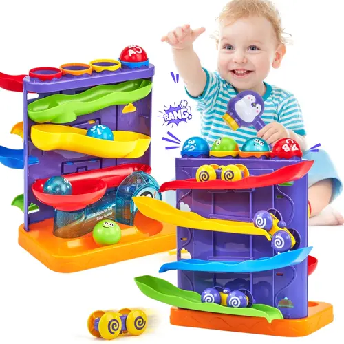 hahaland 2-in-1 Toddler Playset - Pound & Car Ramp Montessori Baby Toy with Hammers, 4 Balls, 4 Cars & Squeaky Hammer, Preschool Learning Tool, Kids Toys, 1-Year-Old Birthday & Back-to-School Cool Gifts for Kids, Preschool Development Kit, Baby Toys