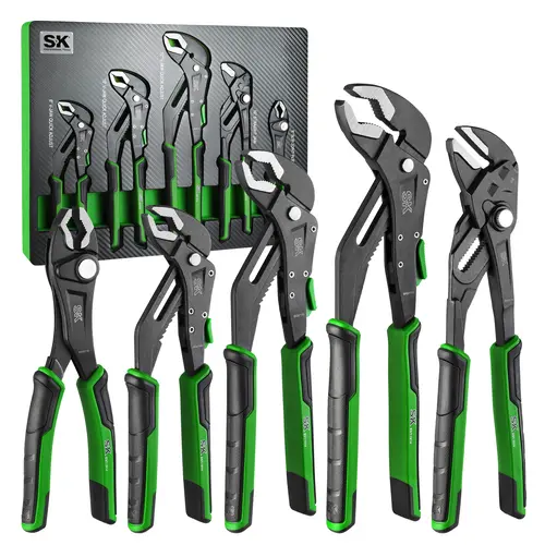 #backtoschool SK 5-Pack Pliers Set, 8" Adjustable Joint Plier, 8", 10" and 12" Quick Adjust V-Jaw Groove Joint Pliers, 10" Plier Wrench, Premium CR-V Construction, with EVA Foam Tool Organizer