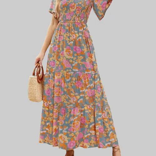 Zeagoo Live Women's 2026 Summer Casual Dress Floral Print Short Flutter Sleeve Crew Neck Smocked High Waist Flowy Maxi summerwins Style Bohemian