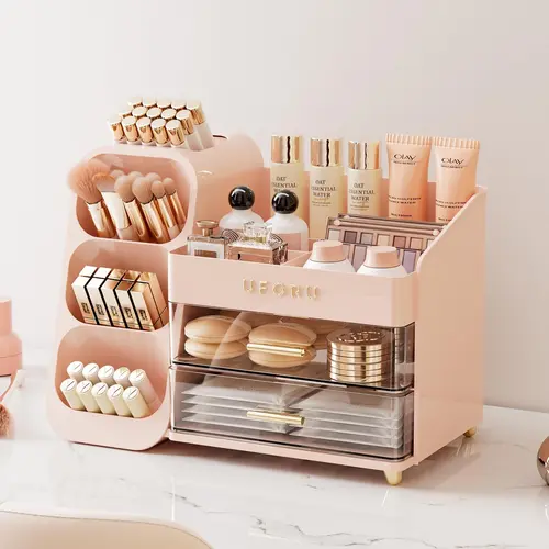 Large Capacity Makeup Storage Box - Multi-functional Makeup Holder for Brushes, Lipsticks, Eyebrow Pencils & Pocket Mirrors, Compact Cosmetic Organiser for Home & Travel, Pink, Compact Cosmetic Organisers