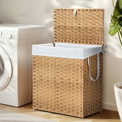 Sweetcrispy Rattan Weave Laundry Organizer - 23.8 Gal (90L) Large-Capacity Rectangle Silicone Clothes Hamper with Dustproof Lid, Collapsible Anti-Scratch Storage Basket for Bedroom Home Decor, Classic, Foldable