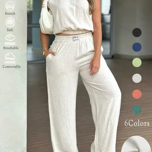 Women's 2-Piece Solid Color Sleeveless Tank Top & Wide Leg Pants Set, Womenswear Matching Casual Fashion Breathable Elastic Adjustable Outfit for Daily Outdoor Wear, Ladies Clothes for Summer